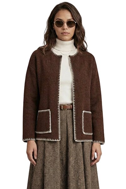 Trend Alaçatı Stili Women's Brown Double Pocket Shepherd Stitched Knitwear Ja...