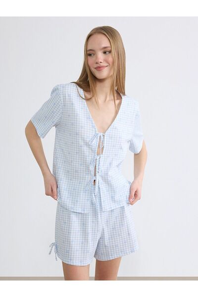 LC Waikiki V-Neck Plaid Women's Pajama Set with Shorts