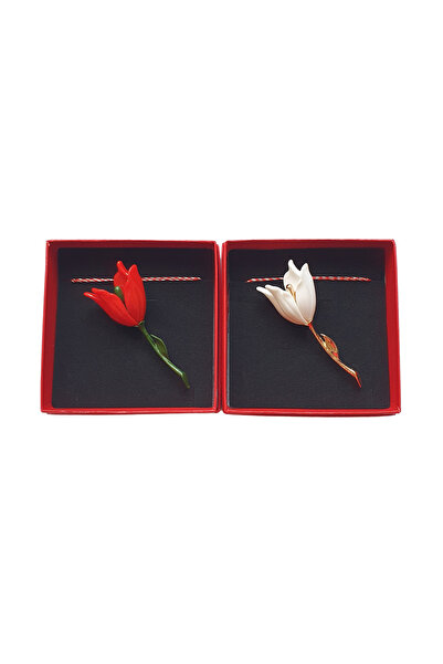 Abundo Set of 2 martisor brooches 6.5 x 5 cm, White and Red Tulips