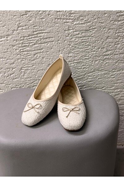 Beyond Women's Cream Tweed Fabric Bowknot Ballerinas 1cm Byndlck01