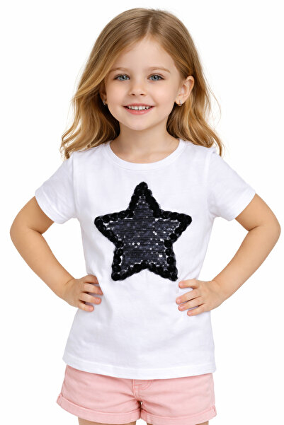Nacar 23 Nisan 29 Ekim Gösteri Kıyafeti Payet Yıldızlı Kız Çocuk Tişört – Beyaz
