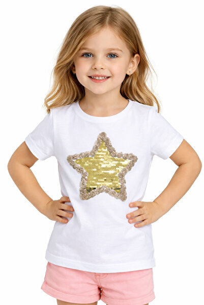 Nacar 23 Nisan 29 Ekim Gösteri Kıyafeti Payet Yıldızlı Kız Çocuk Tişört – Beyaz