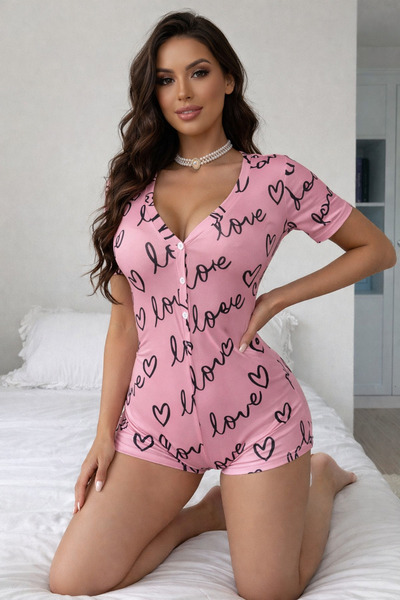 the DIFFerent Love Patterned Buttoned Short Sleeve Shorts Jumpsuit