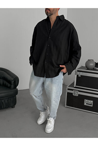 BYBASICMAN Black Knitted Striped Oversize Shirt Jj-242