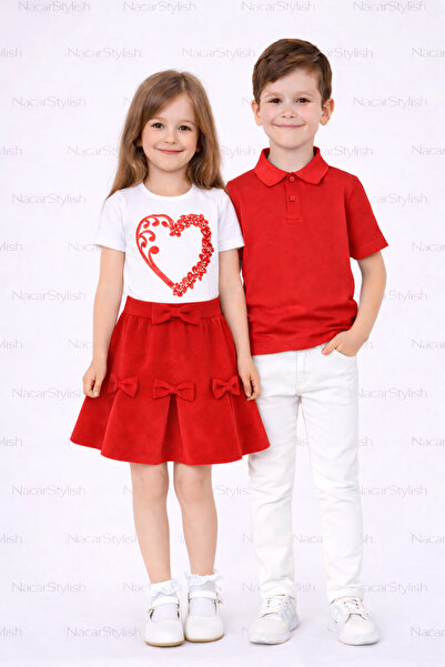 Nacar 23 Nisan 29 Ekim Kız&Erkek Çocuk Double Kumaş Etek-Kalp Baskı Tshirt-La...