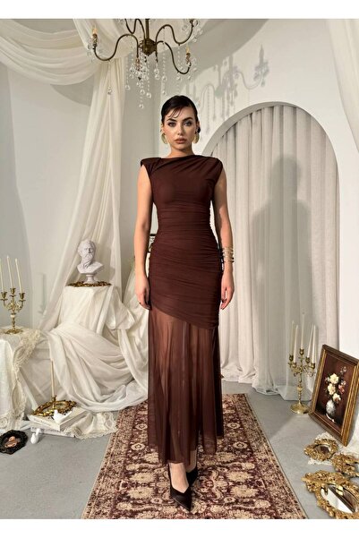 ETİKAFASHION Vatkalı Omuz Detaylı Uzun Elbise