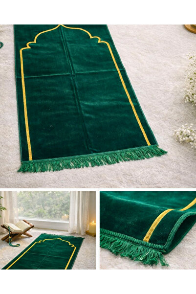 SUFİ TESBİH & ESANS VE HEDİYELİK Yeşil Kadife Seccade Gold Nakışlı Saçaklı Lü...
