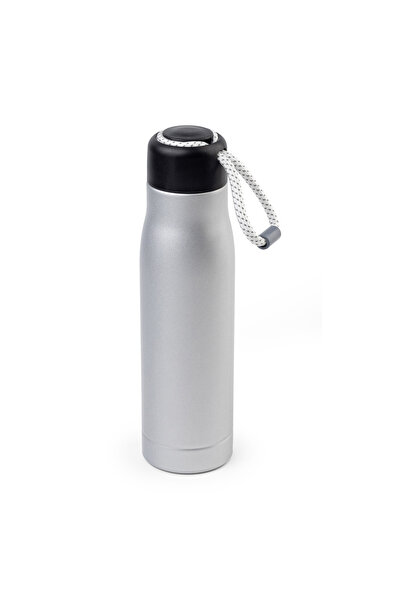 mercanpromosyon Silver Steel Thermos with Knitted Drawstring and Strap - Mini...