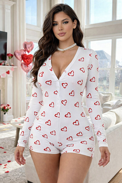 the DIFFerent Heart Patterned Buttoned Long Sleeve Shorts Jumpsuit