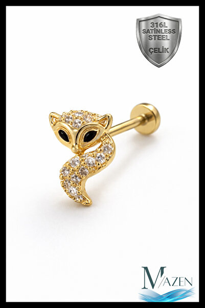 MAZEN Tilki Figürlü Taşlı 316L Çelik Tragus Helix Piercing Fox Gold Renk Kadı...