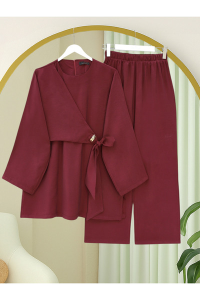 Modamorfo Modal Suit with Cross-Tied Belted Trousers - Burgundy