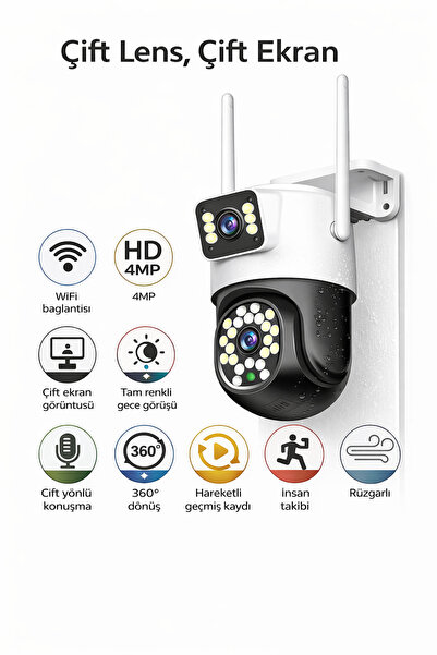 BLUE İNTER 4MP Dual Kamera 360° WiFi IP Kamera Renkli Gece Görüşlü, İnsan Tak...