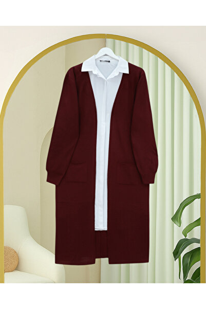 Modamorfo Pocketed Hijab Long Cardigan - Burgundy