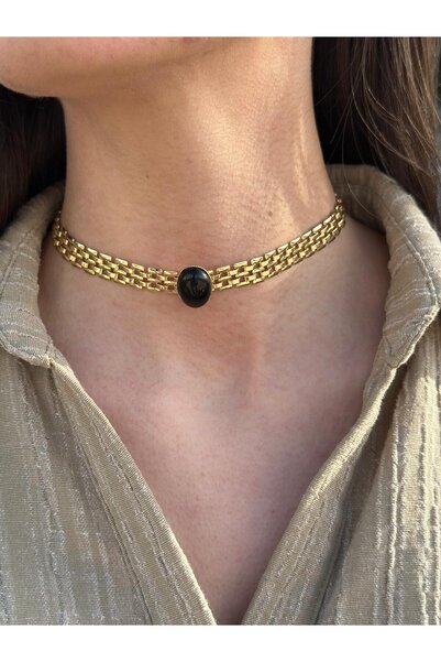 RA By Melisa Siyah Taşlı Zincir Choker Altın Kaplama Çelik Kolye