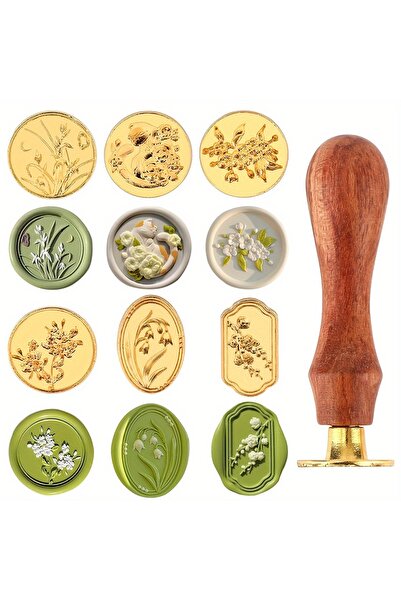 Choice طقم ختم شمعي ذهبي مكون من 6 قطع بنقوش زهور، بمقبض خشبي قابل للفصل - تص...