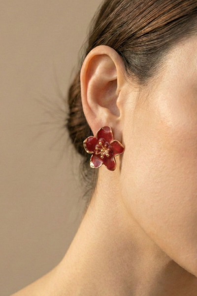 AURRARİ Altın Kaplama Bordo Sakura Çiçeği Küpe