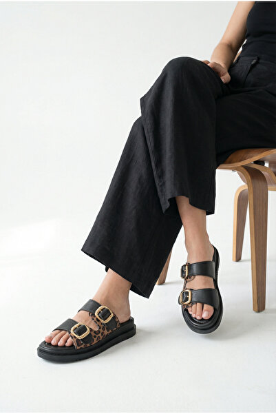 Riccon Women's Double Buckle Slippers 00120403 Black Leopard