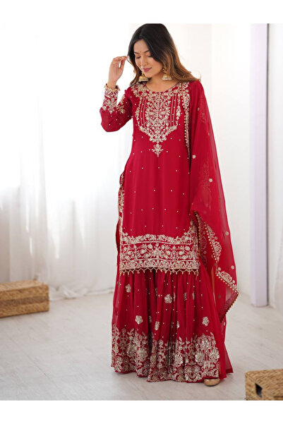 MYSMAR Red Faux Georgette Top Sharara & Dupatta - FFT6828 | Red