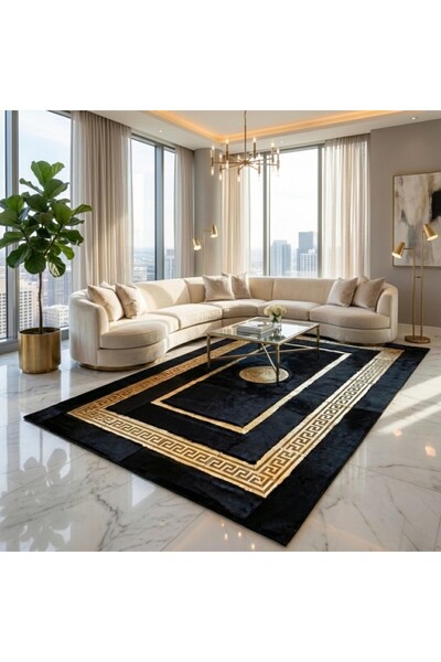deco marié Siyah Altın Bordürlü Peluş Halı – Yumuşak Dokulu, Şık ve Modern De...
