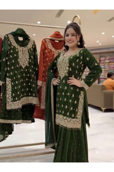 MYSMAR Green Silk Top Sharara & Dupatta - HRT7007 | Green