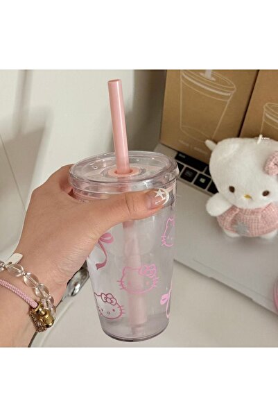 choice2 كوب سانريو هيلو كيتي الوردي ذو المصاصة، كوب ماء بلاستيكي شفاف كبير ال...