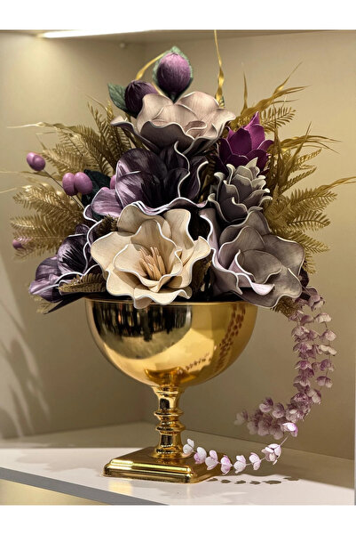 TASARIMHMODA Yapay Çiçekli Gold Kare Ayak Vazo No:30 Standart