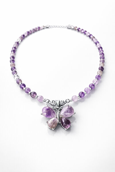 Efulim Hediyelik Ametist Butterfly Necklace, Natural Stone Purple Necklace, E...