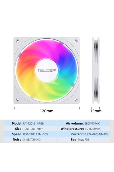 Choice مروحة تبريد كمبيوتر Teucer 120mm ARGB WH 1Fan، محمل FDB، PWM، سرعة دور...