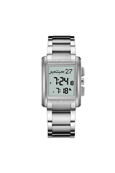 ALFAJR ALAZAN Islamic dawn clock with prayer times and Qibla direction, silve...