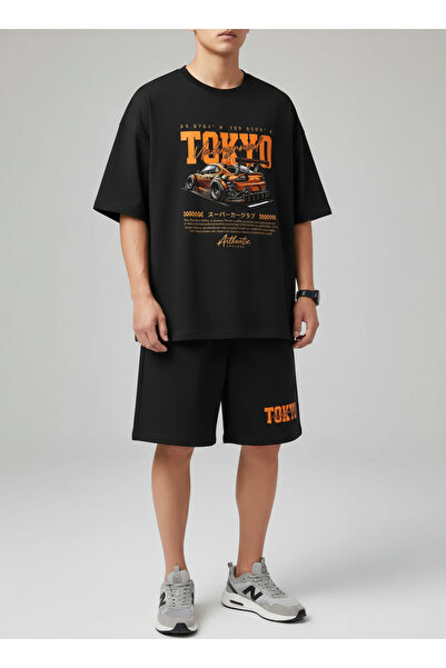 ship master Men's Black Tokyo Printed Oversize Shorts 2-Piece Sports Set