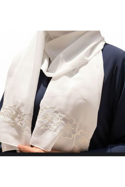 Veil Designer White hijab with embroidery on both ends, made of Japanese fabr...