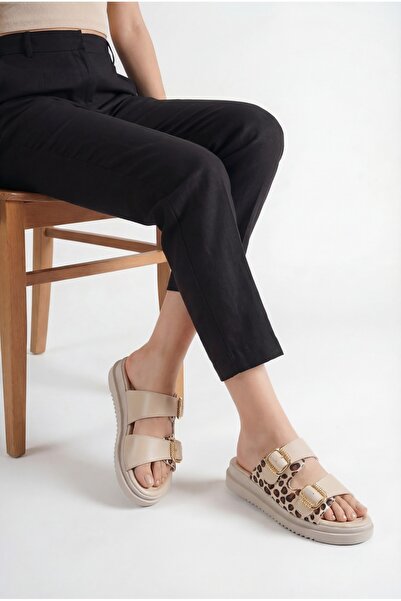 Riccon Women's Double Buckle Slippers 00120403 Beige Leopard