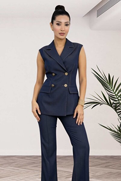 Moda Amore Premium Denim Suit Set - Navy Blue Sleeveless Blazer Trousers Set ...