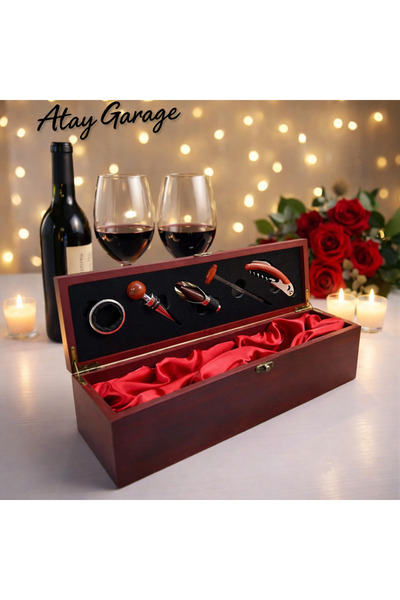Atay Garage Lüks Ahşap Kutu Tirbuşon Seti 5 Parça Profesyonel Şarap Tirbişon ...