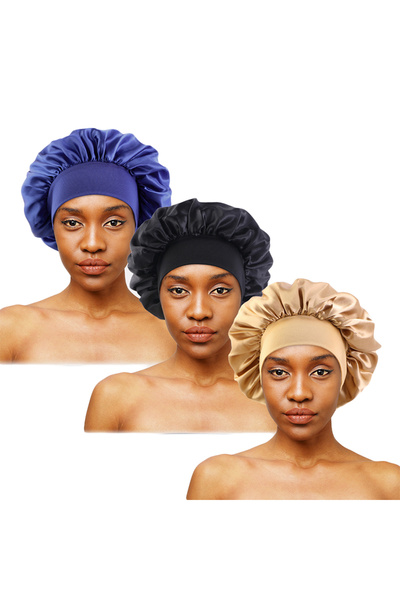 Choice27 قبعة نوم جديدة واسعة الحواف من الساتان الأسود والذهبي والكحلي، لفّ ش...