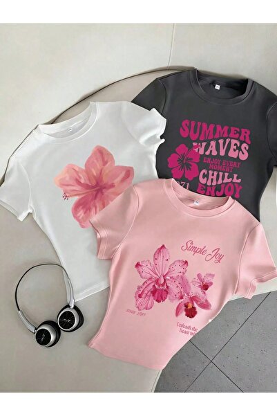 PALPİTO Kadın 3'lü Summer Baskılı Bisiklet Yaka Dar Crop Tshirt