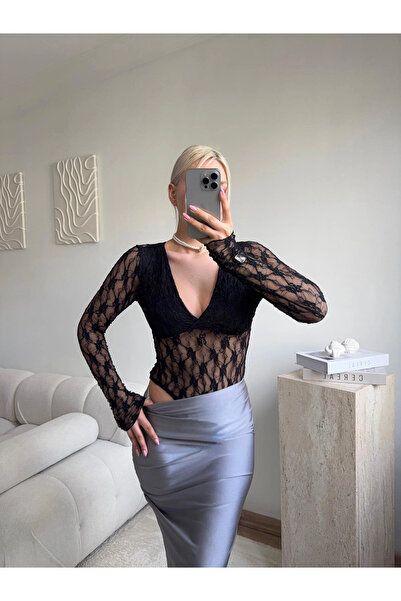 Zora Butik Uzun Kollu Dantel Bodysuit - SİYAH