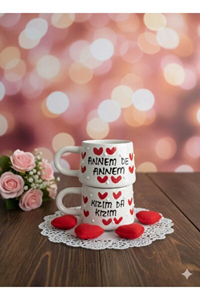 CEYU SERAMİK Anne–Kız Konseptli Kalp Desenli 2’li Seramik Kahve Kupası
