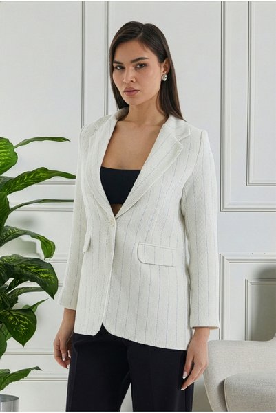 ceyniye Blue Striped Mono Collar Tweed Jacket