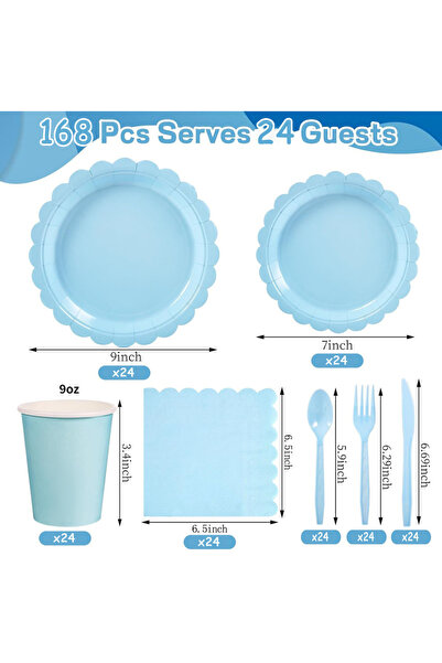 Choice3 168pcs-24guests Multi Pcs Set Blue Paper Plates And Napkins,Light Blu...