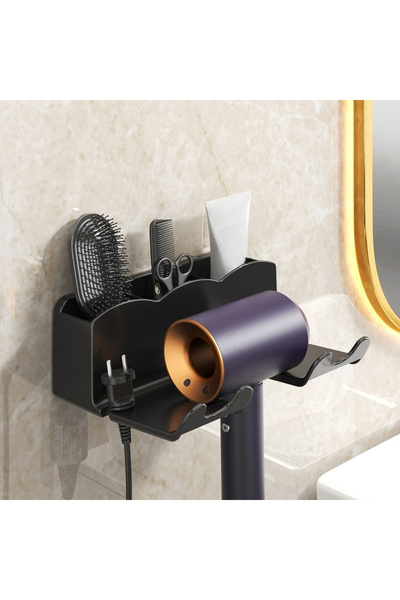 choice2 رف تخزين مجفف الشعر Black1، حامل جداري غير مثقب للحمام، لتخزين مجرى ه...