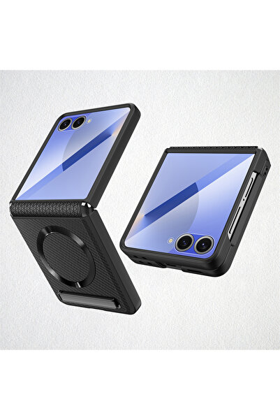 Choice3 غلاف هاتف Galaxy Z Flip7 FE Flip أسود اللون، مزود بحامل وشحن لاسلكي م...