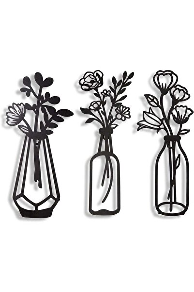 Mirfa Wooden Wall Art With Self Adhesive Base - Black (Flower Vases - Pack of 3)