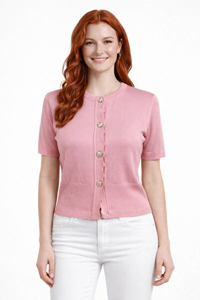 Neden Tekstil Gold Buttoned Wavy Patchwork Short Sleeve Knitwear Cardigan