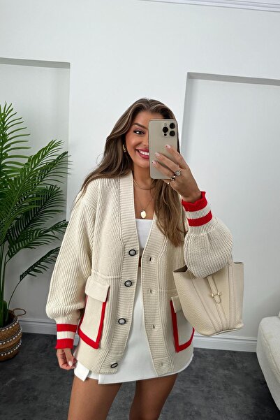 Lady Pixie Luxury Quality Ribbed Natural Color Cardigan with Pockets