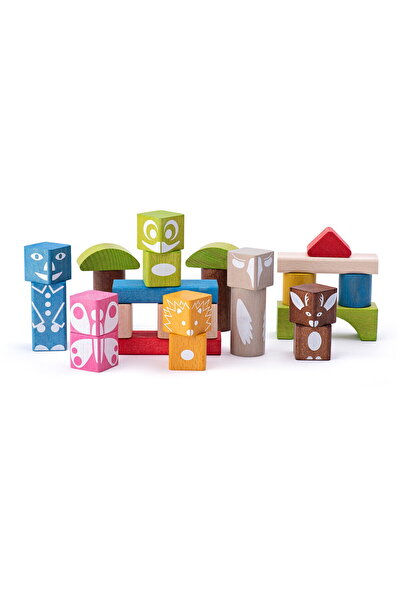 Woodyland Jucărie educativă cu blocuri din lemn cu imprimeu colorat (26 de bu...