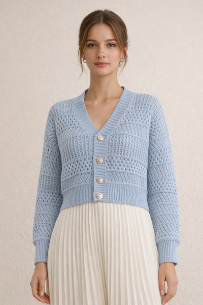 FERHEL Openwork Buttoned Knitwear Cardigan - Baby Blue