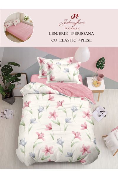 FIONNA.RO Finet Duvet Cover Set with Stretchy 1 Person - Pink with Magnolias