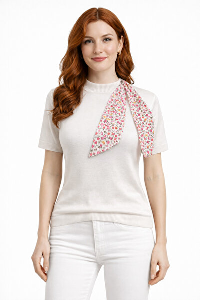 Neden Tekstil Ecru Scarf Collar Short Sleeve Knitwear Sweater