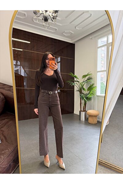 BOLESA GİYİM Kahve Kemerli Straight Düz Kesim Jean